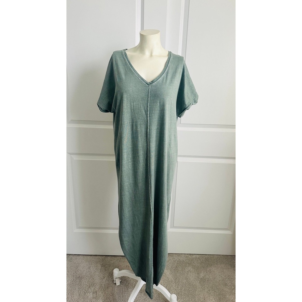 Ascot + Hart Olive Green V-Neck T-Shirt‎ Dress Midi Short Sleeve XS
